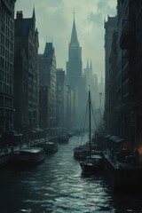 Fototapeta premium a city with tall buildings and boats in the water