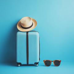 Blue suitcase with a straw hat and sunglasses on a blue background, symbolizing travel, vacation,...