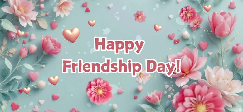 Happy Friendship Day Greeting Animation with Glittering Smiles, 4k video background Red rose petals flying floating hearts blossom background. Seamless looping