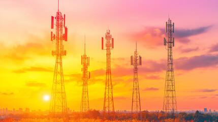 Sunset Telecommunication Towers: Silhouetted against a vibrant sunset, several telecommunication towers stand tall, showcasing modern communication infrastructure.