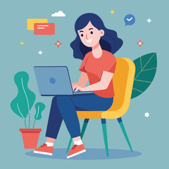 a girl is using his laptop vector
