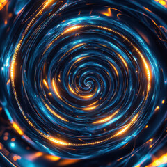 Hypnotic deep space vortex with glowing golden spirals and electric blue light