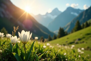 Obraz premium Delicate white petals unfolding in warm sunlight, spring, mountainous landscape, mountain
