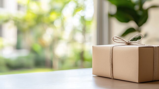 Eco-friendly gift box on table, green background, home delivery