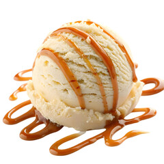 Tasty ice cream ball with caramel sauce on white background