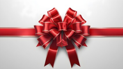 A luxurious, vibrant red satin ribbon elegantly wraps around itself, forming a perfect bow, set against a pristine white background, evoking a sense of sophistication and festivity. 