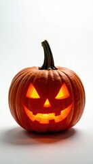 Carved pumpkin in white background with eerie glow, ambient light, dark