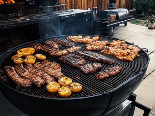 Chef grilling steaks, chicken and potatoes celebrating National Barbecue Day