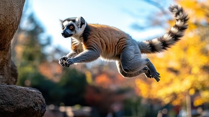 Obraz premium Ring-tailed lemur leaping from rock, autumn foliage background