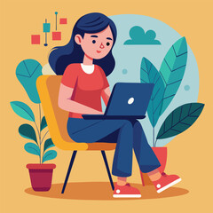 a girl is using his laptop vector
