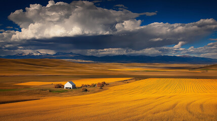 Obraz premium Prairie Barn under Dramatic Sky: A lone white barn sits amidst a vast golden field, dwarfed by a dramatic sky filled with fluffy white clouds and brooding storm clouds. Mountains rise in the distance.