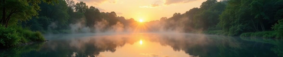 Obraz premium Misty dawn over lush greenery and tranquil pool, water, dawn