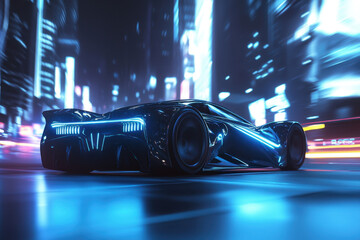 Futuristic high-speed sports car racing through a neon-lit cyberpunk city