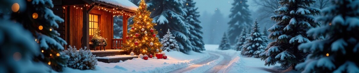 Luxuri?se Weihnachtsszenen in einem Schneewesen, evergreen trees, christmas decor