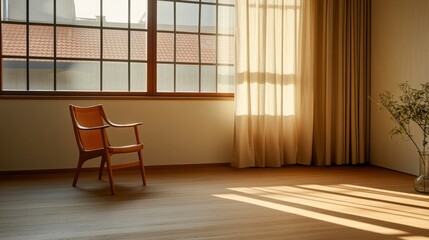 Obraz premium Sunlit interior of a minimalist room featuring a wooden chair, soft curtains, and a vase with flowers