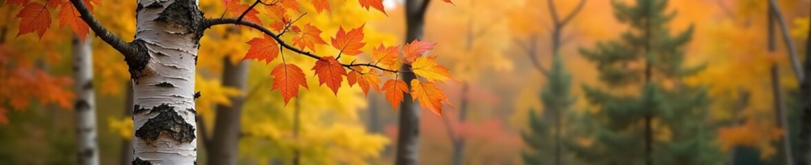 Foliage changing color on birch tree with lichen bark in autumn forest, foliage, season, branches