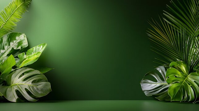 Tropical leaves frame green background; nature, studio, product placement