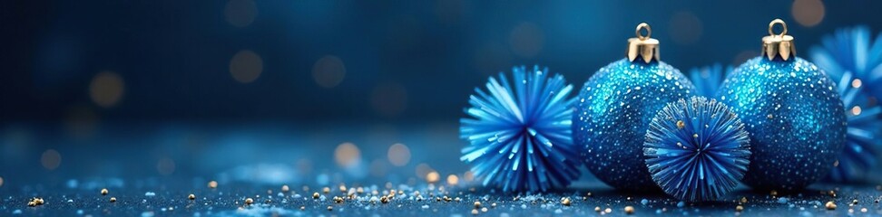 Sparkling blue tinsel balls on a dark blue background with scattered golden snowflakes, festive decorations, frosty