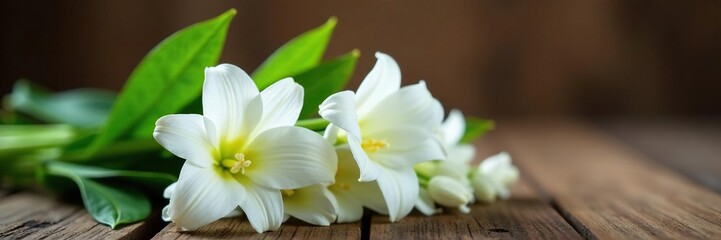 Obraz premium Wooden table holds fragrant lily of the valley bunch, flower, floral