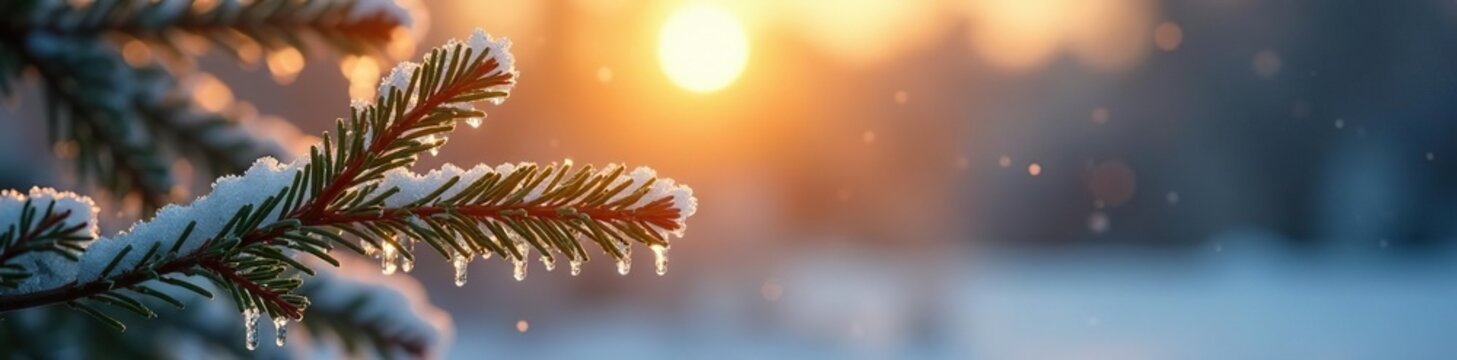 A lone evergreen branch glistening with icicles in the cold morning sun, landscape, sun