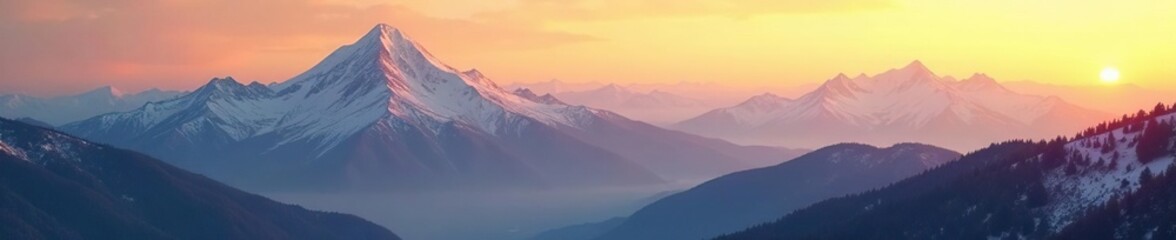 Fototapeta premium Snowy peaks bathed in the golden glow of dawn, hazy, hills, bright