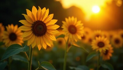Golden sunflower blooms in darkness, radiating warmth and light, garden, isolated, isolated
