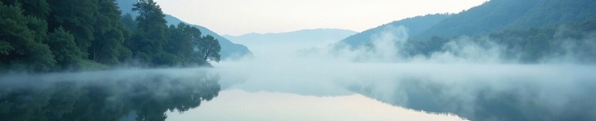 Fototapeta premium Misting fog slowly lifts off serene lake surface, calm atmosphere, water reflection