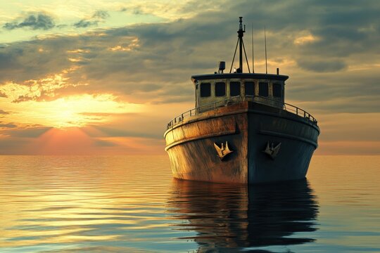 Sunset over calm waters with an old boat anchored in the bay - Powered by Adobe