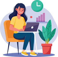 a girl is using his laptop vector