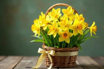 Spring bouquet of daffodils in a wooden wicker basket with a ribbon, floral arrangement, greenery, daffodil