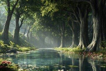 Obraz premium Serene forest landscape with clear water reflecting lush green trees at dawn