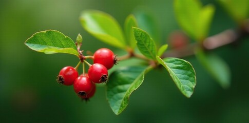 Obraz premium Small bright red berries on a green leafy branch, branches, dammeri