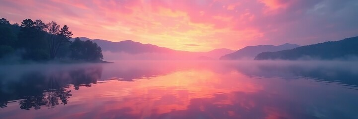 Soft hues of pink and orange illuminate the lake's surface as morning breaks, serenity, lake