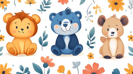 Adorable cartoon lion, bear, and deer cubs sitting amidst colorful flowers and leaves on a white background.