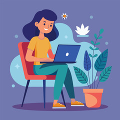 a girl is using his laptop vector