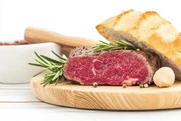 Sliced Steak with Rosemary and Bread - A juicy sliced steak rests on a wooden board, accompanied by rosemary, a crusty bread roll, and peppercorns.