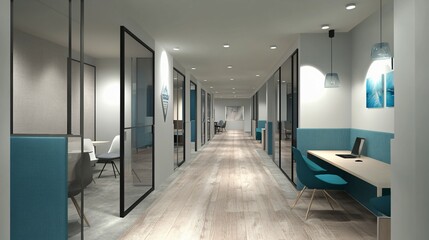 Modern Office Corridor Design With Teal Accents