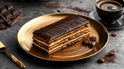 Luxurious French G&acirc;teau Op&eacute;ra on a Golden Plate with Coffee