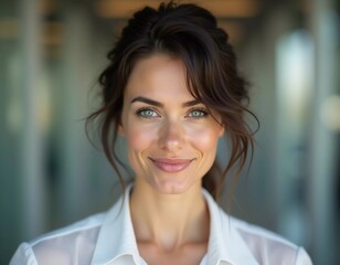 Obraz premium A poised beautiful woman with dark hair, wearing a white shirt, smiles warmly, standing in contemporary office setting filled with natural light, exuding confidence and professionalism. Generative AI.