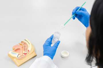 Doctor demonstrates cervical cancer screening on white background.Gynecologist wear blue gloves...