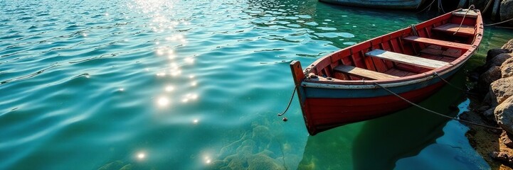 Obraz premium Sparkling water beneath weathered wooden boat moorings, glisten, calm