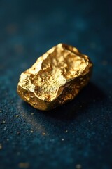 Fragile chunk of gold rests on dark blue surface, ornamental, gold