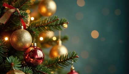 Obraz premium Glittering golden Christmas tree branch with ornaments and ribbons against sparkling background, christmas tree branches, festive ornaments, soft light
