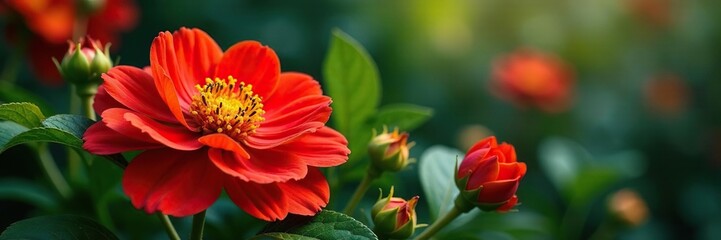 Red and yellow hues of bloom mix with dark greens, yellow, botanical