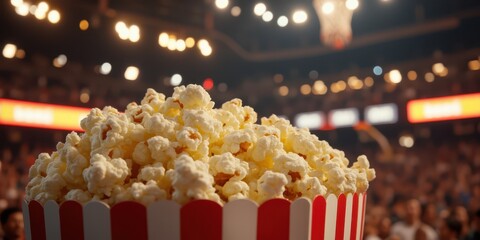 popcorn in a bucket with a crowd in the background