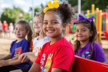 Fototapeta premium Smiling multiracial girls at playground with colorful bows on sunny day.