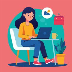 a girl is using his laptop vector