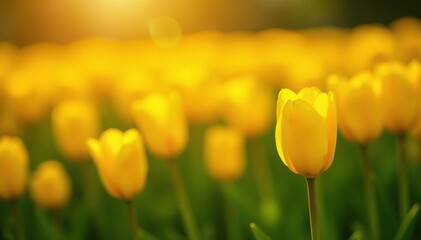 Fototapeta premium A bed of yellow tulips bask in the warmth and light of the sun, bloom, bright, bed