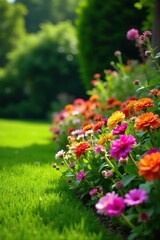 Fototapeta premium Colorful flowers in a cottage garden bordering a lawn with lush green grass, floral borders, garden flowers