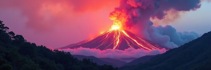 Fototapeta premium Pink and orange smoke billows from a volcanic eruption, volcanic eruption, burning forest, lava flow
